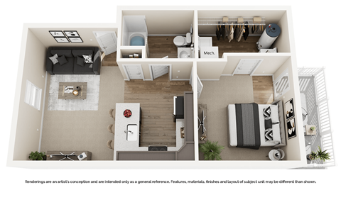 A floor plan of a house with a kitchen, living room, and two bedrooms.